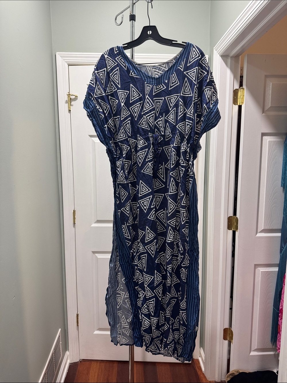 Navy Geometric Print Drawstring Kaftan Waist tie Dress